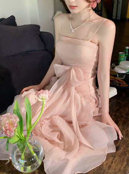 Elegantes langes Abendkleid mit Spaghettiträgern in A-Linie, rosa Geburtstagskleid, Chiffon-Partykleid DP05546