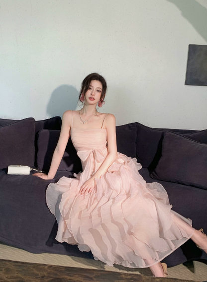Elegantes langes Abendkleid mit Spaghettiträgern in A-Linie, rosa Geburtstagskleid, Chiffon-Partykleid DP05546
