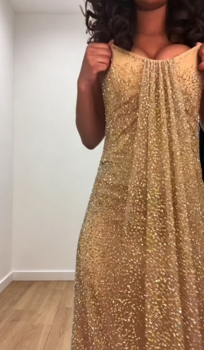 Elegantes, trägerloses, langes Abendkleid im Etuistil, goldenes Geburtstagskleid, Tüll-Partykleid DP05547