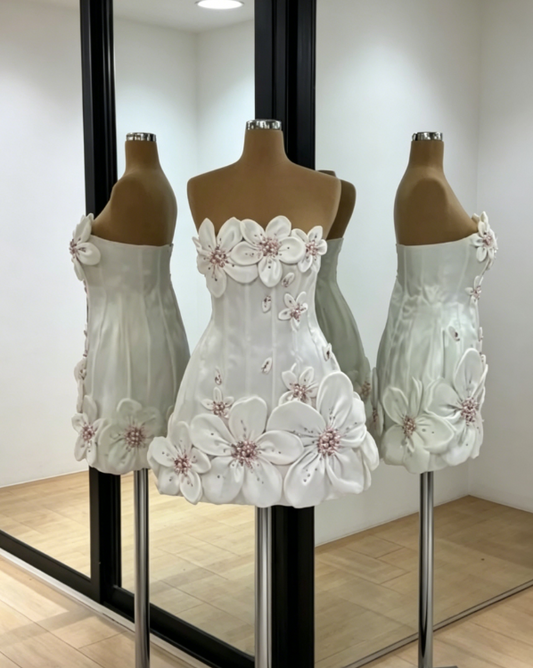 Chic Robe de bal courte bustier fourreau en satin avec appliqués Robe de soirée blanche pour anniversaire DP05548