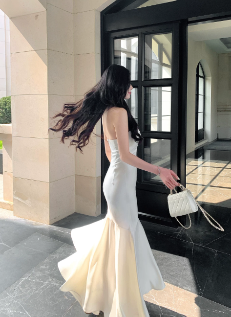 Chic Halter Mermaid Chiffon Long Evening Dress White Wedding Guest Dress  DP05556