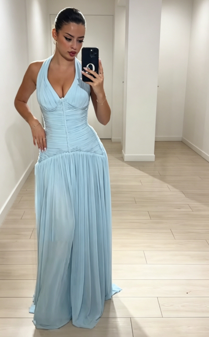 Schickes Neckholder-Etuikleid aus Chiffon, langes Abendkleid, hellblaues Hochzeitsgastkleid DP05557