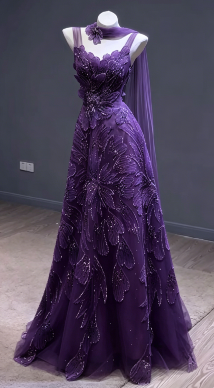 Robe fourreau chic à bretelles pour anniversaire, robe de soirée longue en tulle, robe de bal violette DP05558