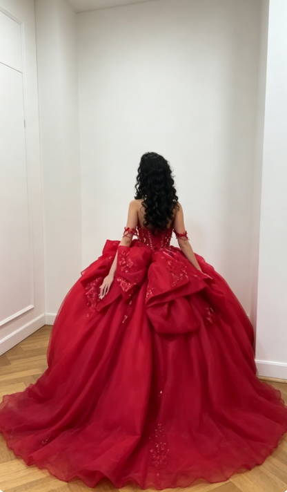 Elegantes schulterfreies Ballkleid, Geburtstagskleid, Tüll-Applikationen, Quinceañera-Kleid, Burgund, Sweet 16 Kleid  DP05559