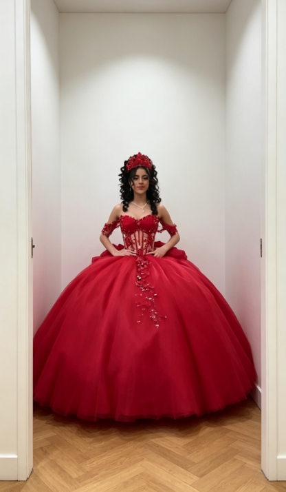 Elegantes schulterfreies Ballkleid, Geburtstagskleid, Tüll-Applikationen, Quinceañera-Kleid, Burgund, Sweet 16 Kleid  DP05559