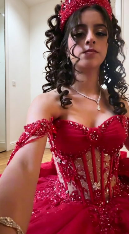Elegantes schulterfreies Ballkleid, Geburtstagskleid, Tüll-Applikationen, Quinceañera-Kleid, Burgund, Sweet 16 Kleid  DP05559