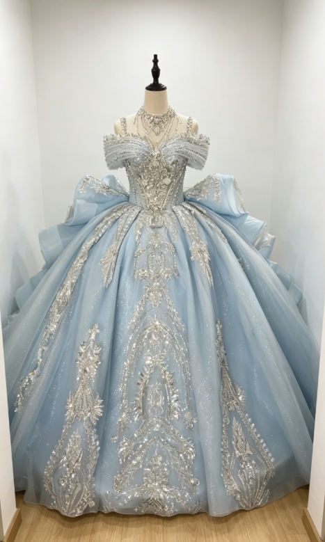 Robe de bal d'anniversaire chic à épaules dénudées en tulle perlée, robe de Quinceañera bleu pâle, robe de bal des seize ans DP05559
