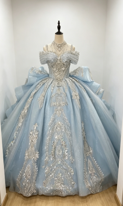 Robe de bal d'anniversaire chic à épaules dénudées en tulle perlée, robe de Quinceañera bleu pâle, robe de bal des seize ans DP05559