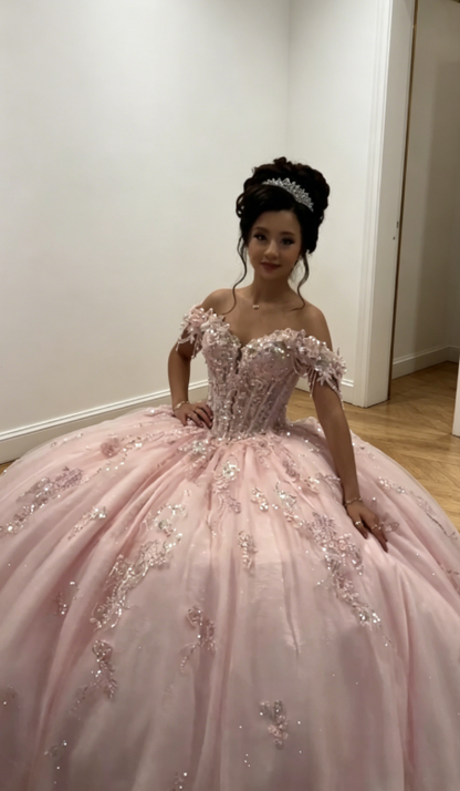 Elegantes Off-Shoulder Ballkleid Geburtstagskleid Tüll Perlen Quinceanera Kleid Rosa Sweet 16 Kleid DP05560