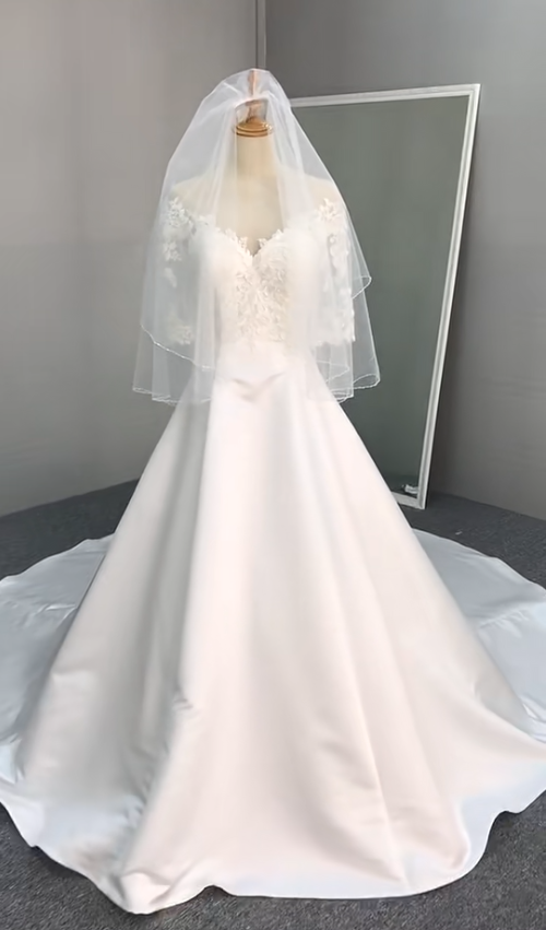 Elegant Off-shoulder A-Line Wedding Dress Satin Appliques Bridal Gown White Bridal Dress DP05565