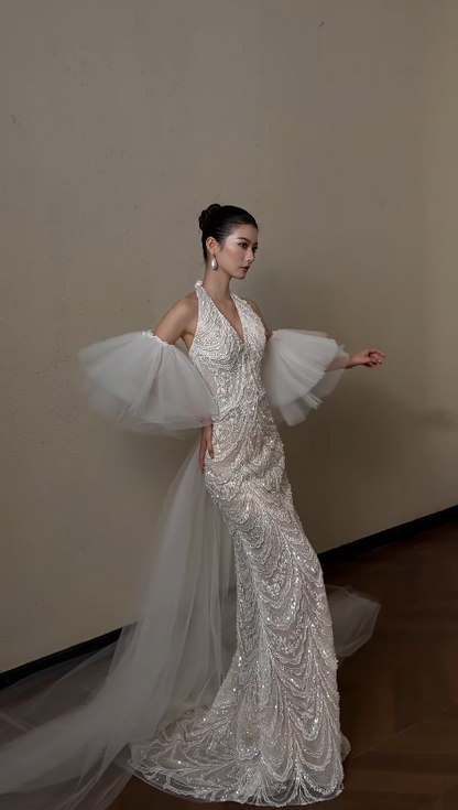 Timeless Halter Sheath Long Wedding Dress Lace Appliques Bridal Dress White Bridal Gown DP05566
