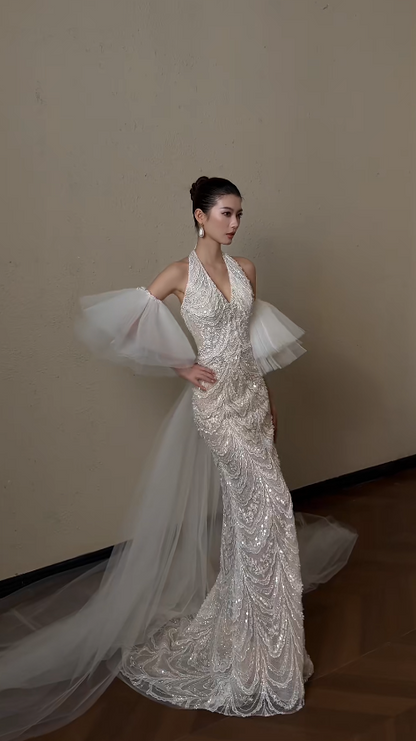 Timeless Halter Sheath Long Wedding Dress Lace Appliques Bridal Dress White Bridal Gown DP05566