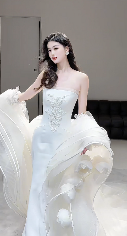 Timeless Strapless Sheath Long Wedding Dress Chiffon Bridal Dress White Bridal Gown DP05567