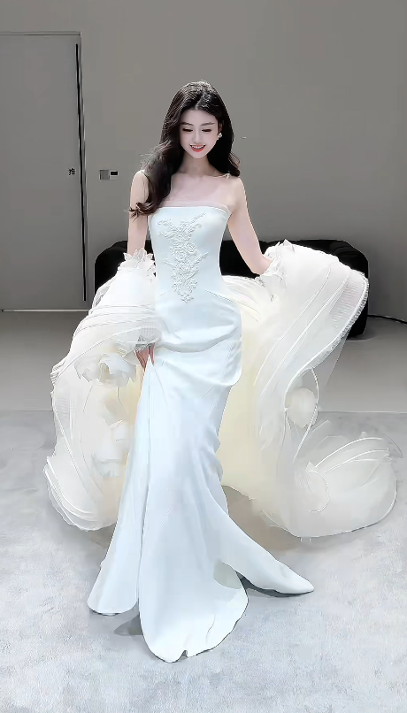 Timeless Strapless Sheath Long Wedding Dress Chiffon Bridal Dress White Bridal Gown DP05567
