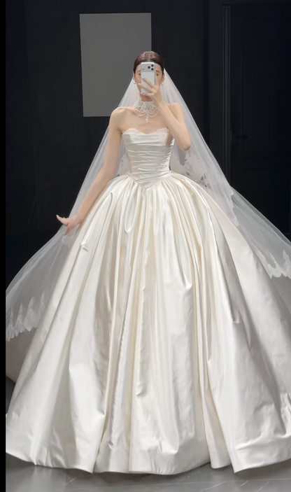 Timeless Strapless A-Line Long Wedding Dress Satin Bridal Dress White Bridal Gown DP05568