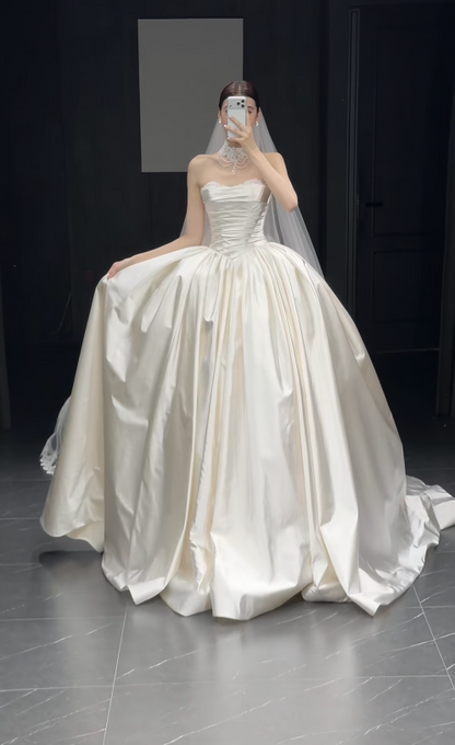 Timeless Strapless A-Line Long Wedding Dress Satin Bridal Dress White Bridal Gown DP05568