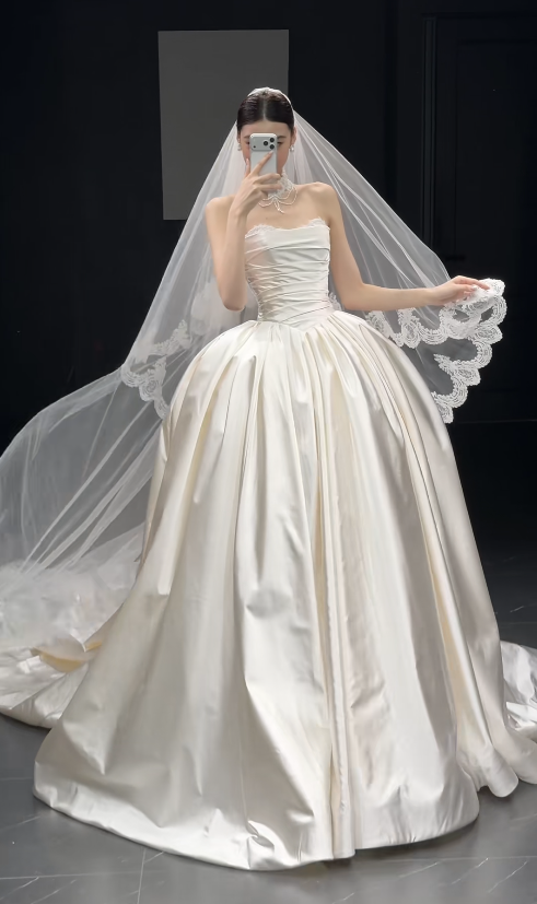 Timeless Strapless A-Line Long Wedding Dress Satin Bridal Dress White Bridal Gown DP05568