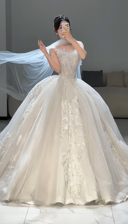 Timeless Strapless A-Line Long Wedding Dress Tulle Bridal Dress White Bridal Gown DP05569