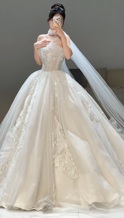 Timeless Strapless A-Line Long Wedding Dress Tulle Bridal Dress White Bridal Gown DP05569