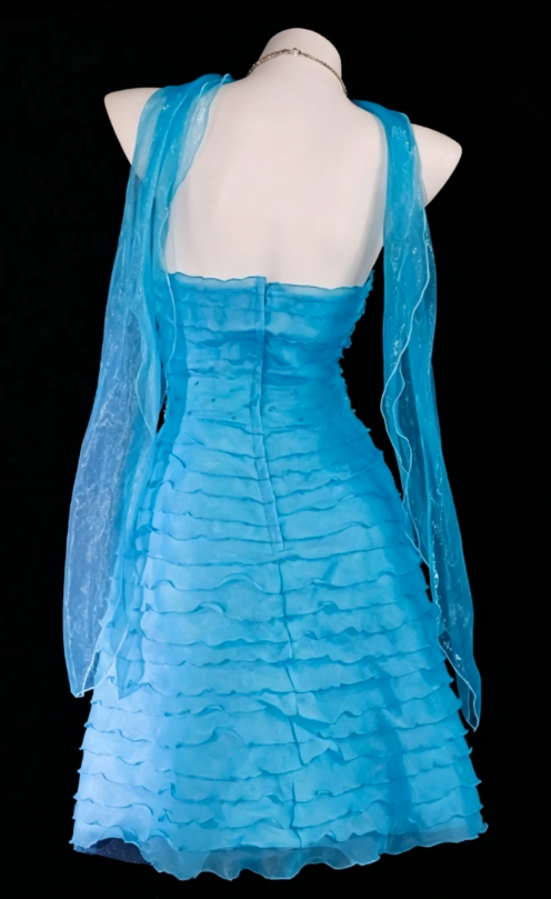 Robe de Cocktail Chic sans Bretelles Courte Robe de Bal en Tulle Bleu Robe d'Anniversaire DP05576