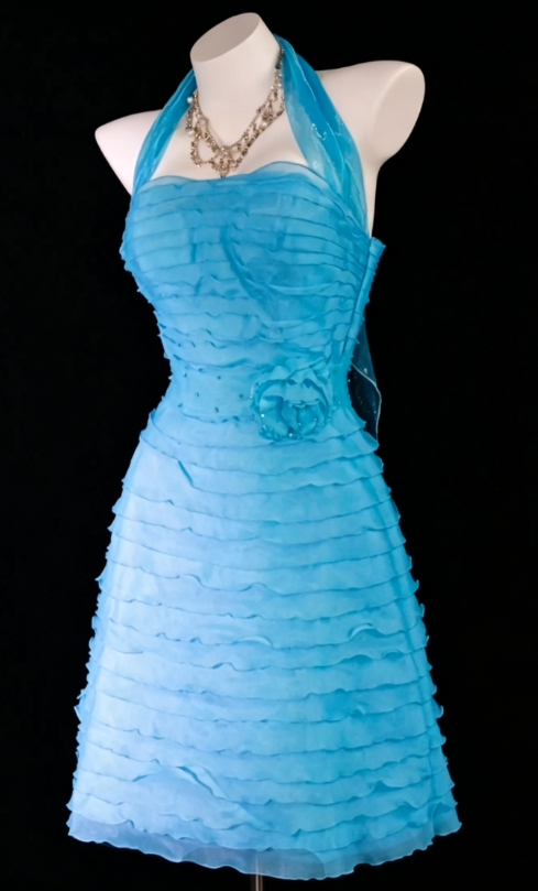 Robe de Cocktail Chic sans Bretelles Courte Robe de Bal en Tulle Bleu Robe d'Anniversaire DP05576