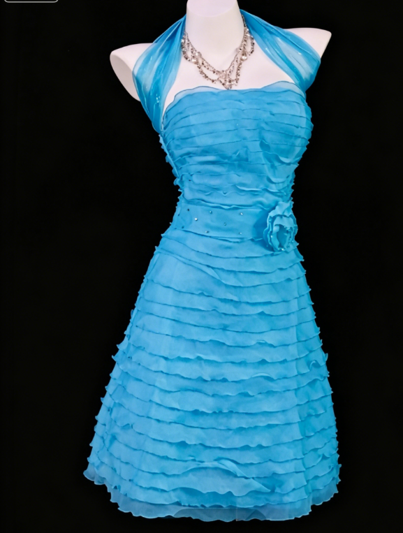 Robe de Cocktail Chic sans Bretelles Courte Robe de Bal en Tulle Bleu Robe d'Anniversaire DP05576