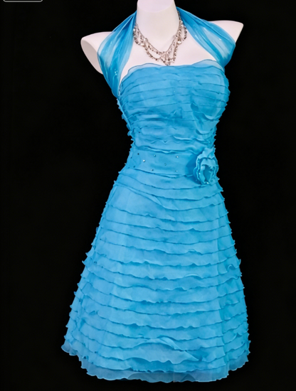 Robe de Cocktail Chic sans Bretelles Courte Robe de Bal en Tulle Bleu Robe d'Anniversaire DP05576