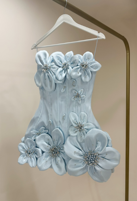 Chic Spaghetti Straps Cocktail Dress A-Line Short Prom Dress Satin Pale Blue Birthday Dress DP05577