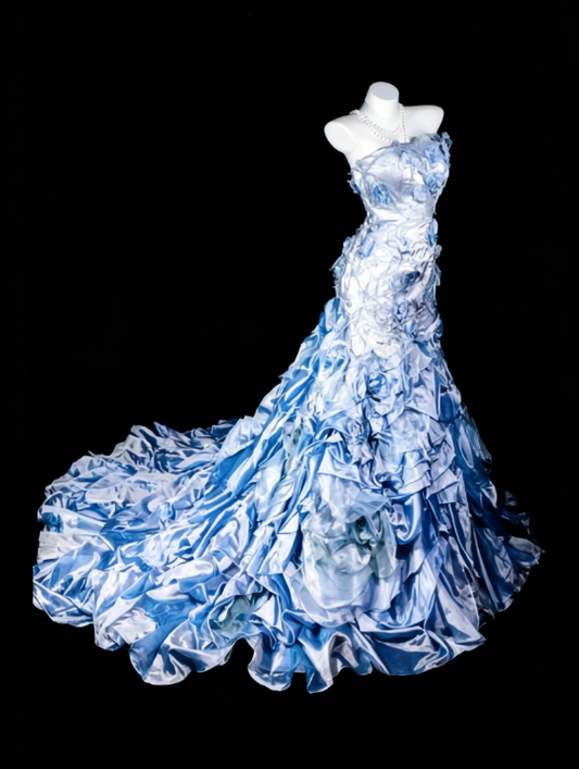 Élégante Robe de Soirée Longue Bustier Fourreau en Satin Appliqué Bleu Robe de Bal DP05578