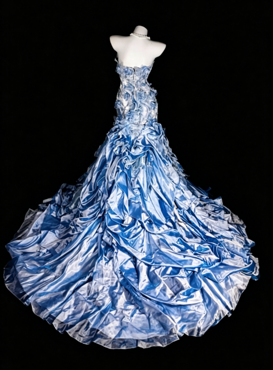 Chic Strapless Sheath Satin Applique Long Evening Dress Blue Prom Dress  DP05578