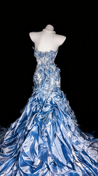 Chic Strapless Sheath Satin Applique Long Evening Dress Blue Prom Dress  DP05578