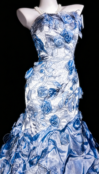 Chic Strapless Sheath Satin Applique Long Evening Dress Blue Prom Dress  DP05578