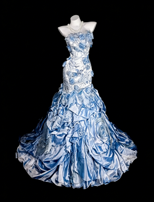Élégante Robe de Soirée Longue Bustier Fourreau en Satin Appliqué Bleu Robe de Bal DP05578