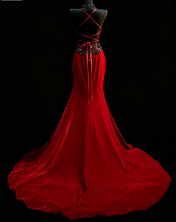 Schickes Neckholder-Scheidenkleid aus Samt, langes Abendkleid, rotes Ballkleid DP05583