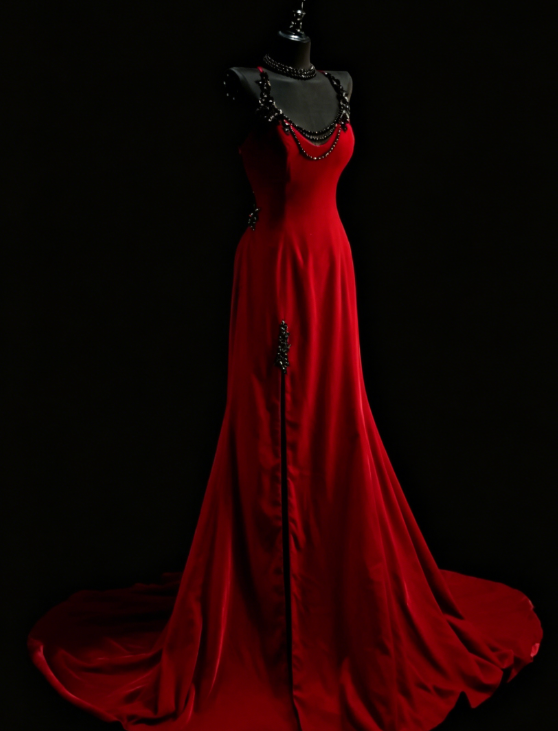 Schickes Neckholder-Scheidenkleid aus Samt, langes Abendkleid, rotes Ballkleid DP05583