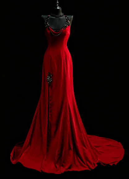 Schickes Neckholder-Scheidenkleid aus Samt, langes Abendkleid, rotes Ballkleid DP05583