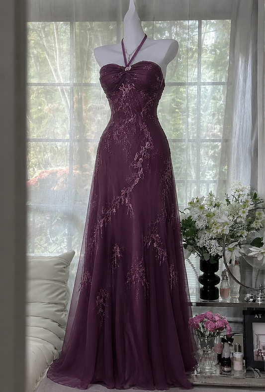 Elegantes Neckholder A-Linien Chiffon Perlen Langes Abendkleid Lila Ballkleid DP05585
