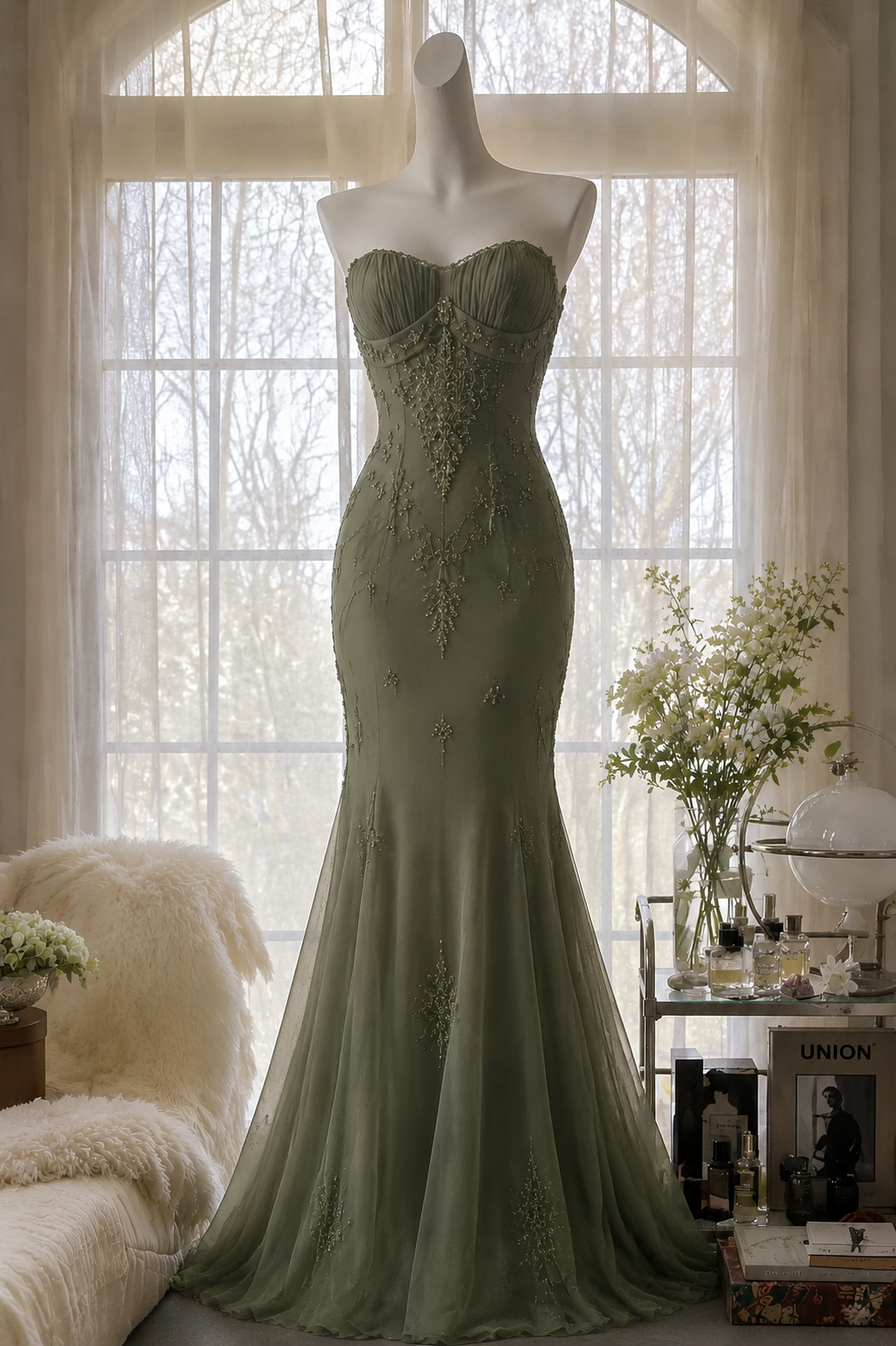 Chic Sweetheart Mermaid Chiffon Beaded Long Evening Dress Dark Green Prom Dress DP05586