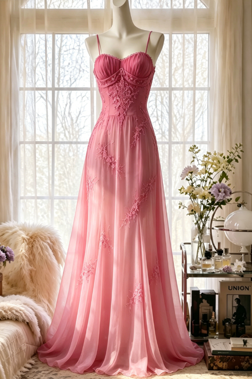 Schickes trägerloses Etui-Abendkleid aus Chiffon mit Perlenverzierung, langes Ballkleid in Pink DP05588