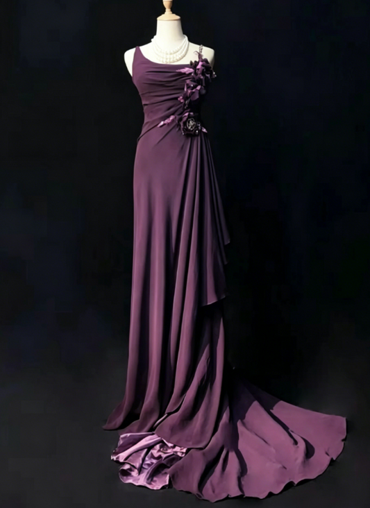 Vintage Spaghettiträger Etui Chiffon Langes Abendkleid Traube Hochzeitsgastkleid DP05592