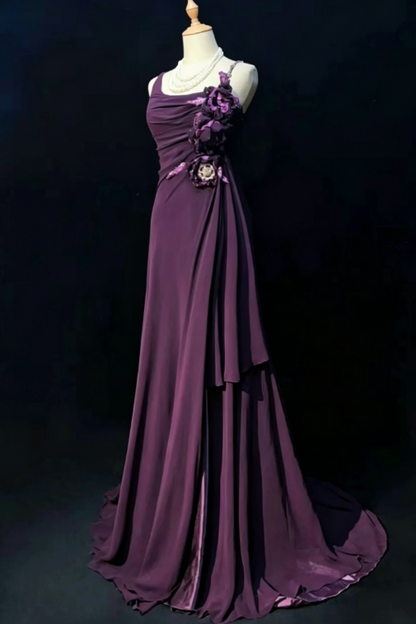Vintage Spaghettiträger Etui Chiffon Langes Abendkleid Traube Hochzeitsgastkleid DP05592
