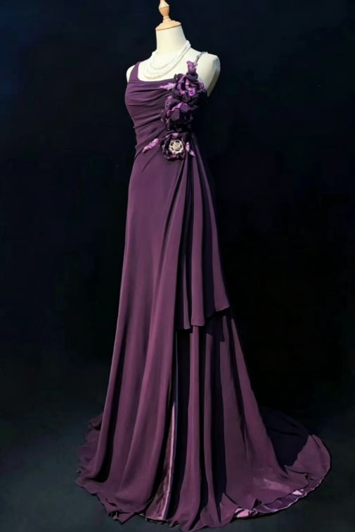 Vintage Spaghettiträger Etui Chiffon Langes Abendkleid Traube Hochzeitsgastkleid DP05592