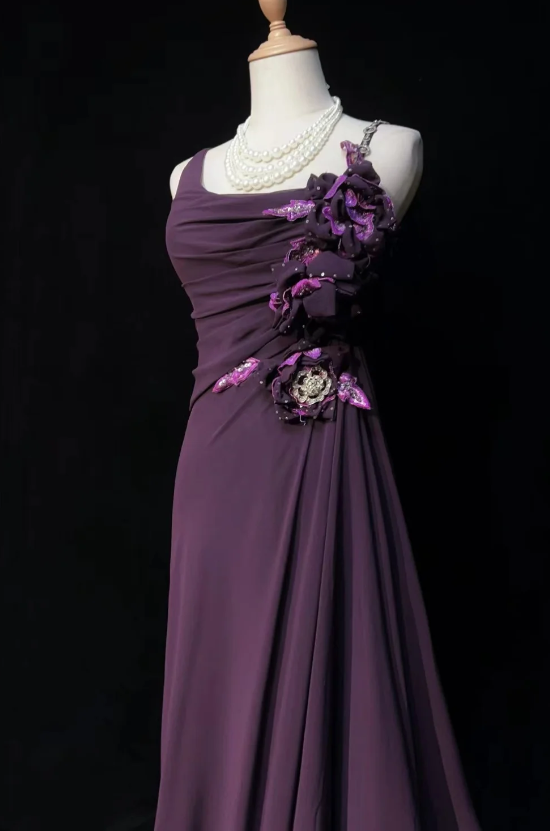 Vintage Spaghettiträger Etui Chiffon Langes Abendkleid Traube Hochzeitsgastkleid DP05592