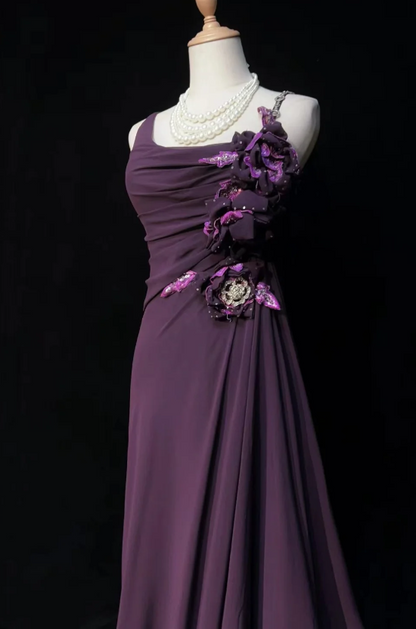 Vintage Spaghettiträger Etui Chiffon Langes Abendkleid Traube Hochzeitsgastkleid DP05592