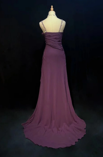 Vintage Spaghettiträger Etui Chiffon Langes Abendkleid Traube Hochzeitsgastkleid DP05592