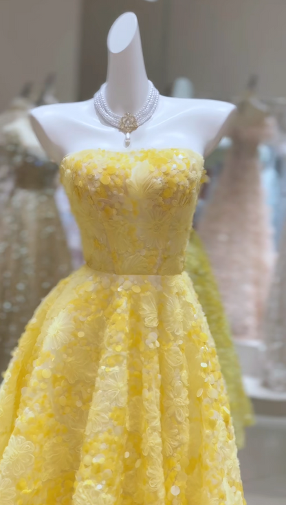 Elegantes schulterfreies Geburtstagskleid A-Linie Tüll Langes Abendkleid Gelbes Ballkleid DP05594
