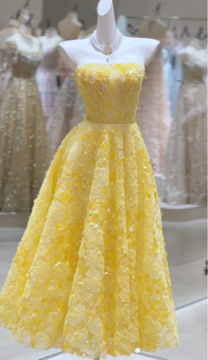 Elegantes schulterfreies Geburtstagskleid A-Linie Tüll Langes Abendkleid Gelbes Ballkleid DP05594