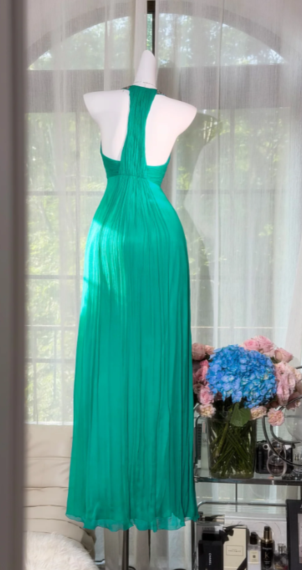 Schickes Neckholder-Etuikleid aus Chiffon, langes Abendkleid, Smaragdgrün, Ballkleid DP05595