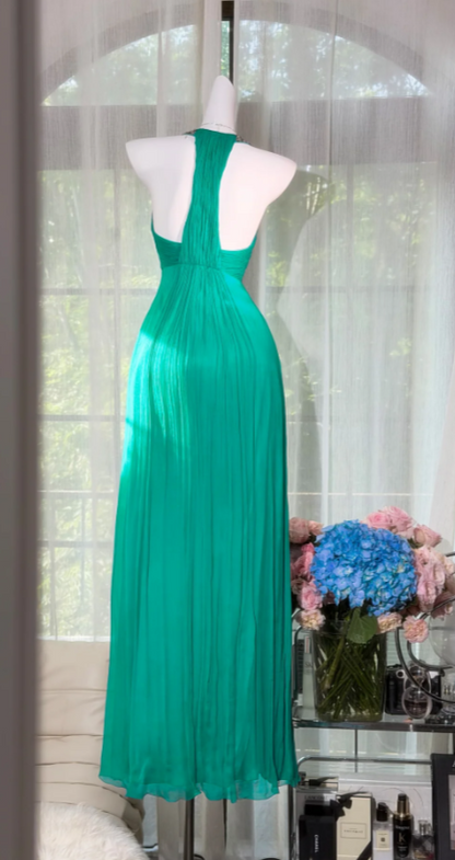 Schickes Neckholder-Etuikleid aus Chiffon, langes Abendkleid, Smaragdgrün, Ballkleid DP05595