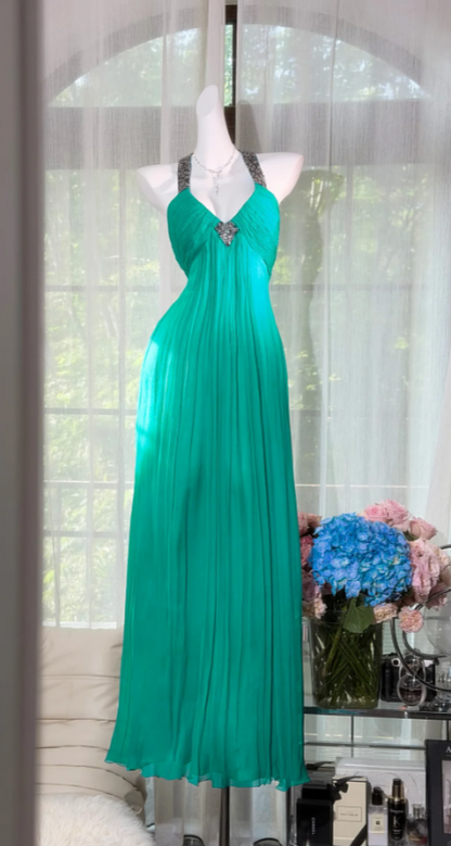 Schickes Neckholder-Etuikleid aus Chiffon, langes Abendkleid, Smaragdgrün, Ballkleid DP05595